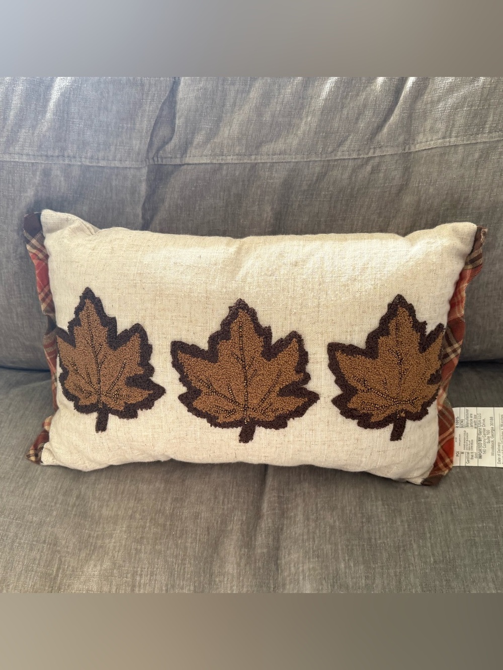 Autumn Leaf Embroidered Throw Pillow - Beige and Brown